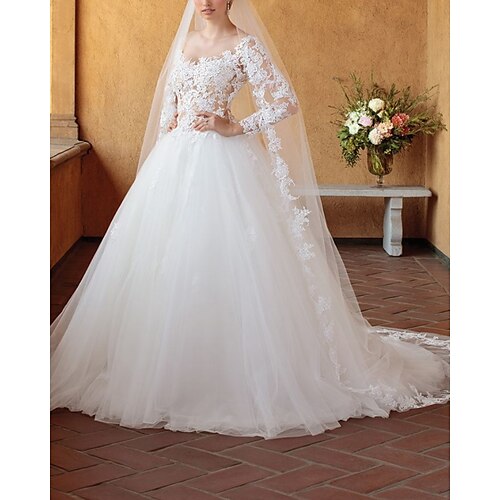 

Ball Gown Wedding Dresses V Neck Chapel Train Tulle 3/4 Length Sleeve Sexy Wedding Dress in Color See-Through with Lace Insert Appliques 2022