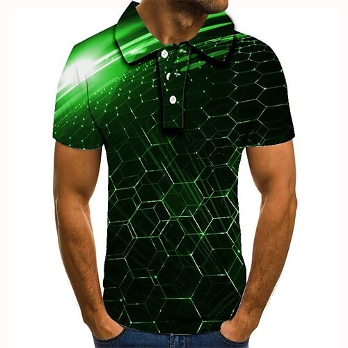 

Men's Collar Polo Shirt Golf Shirt Tennis Shirt Graphic Optical Illusion Collar Button Down Collar Green Daily Short Sleeve Print Clothing Apparel / Slim