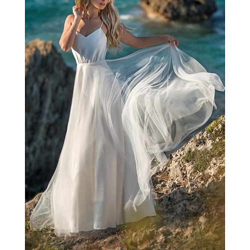 

A-Line Wedding Dresses V Neck Spaghetti Strap Floor Length Chiffon Tulle Sleeveless Beach Sexy Wedding Dress in Color with Pleats 2022