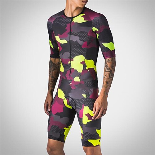 

21Grams Men's Triathlon Tri Suit Short Sleeve Mountain Bike MTB Road Bike Cycling Red Yellow Camo / Camouflage Bike Clothing Suit UV Resistant Breathable Quick Dry Sweat wicking Polyester Spandex