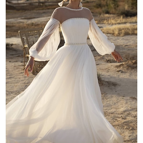 

A-Line Wedding Dresses Jewel Neck Sweep / Brush Train Lace Chiffon Over Satin Long Sleeve Country See-Through with Sashes / Ribbons Beading 2022