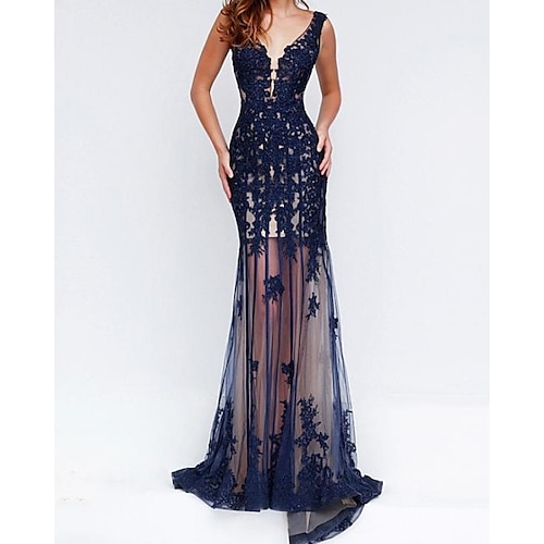 

Sheath / Column Evening Dresses Beautiful Back Dress Engagement Floor Length Sleeveless V Neck Chiffon with Appliques 2022 / Formal Evening