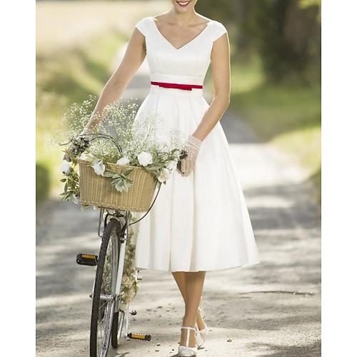 

A-Line Wedding Dresses V Neck Tea Length Satin Cap Sleeve Vintage Sexy Wedding Dress in Color with Sashes / Ribbons Pleats 2022