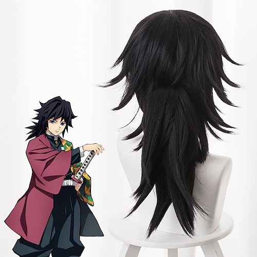  Demon Slayer: Kimetsu no Yaiba Tomioka Giyuu Cosplay Wigs Men's Layered Haircut 16 inch Heat Resistant Fiber Curly Black Teen Adults' Anime Wig Halloween Wigs