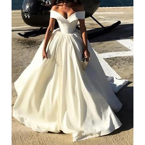 

A-Line Wedding Dresses Off Shoulder Court Train Satin Chiffon Over Satin Short Sleeve Sexy with Pleats Pearls 2022