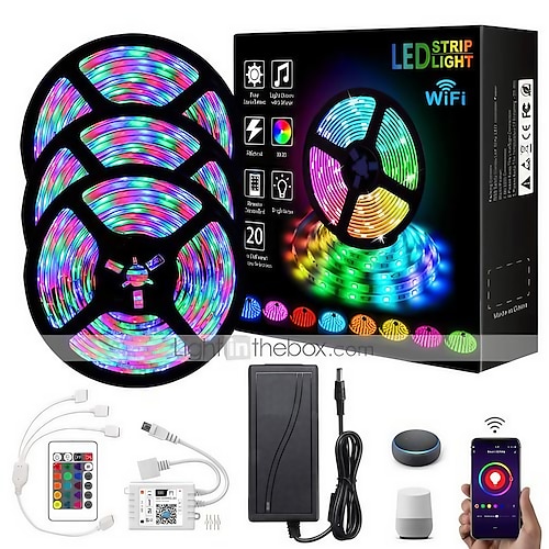 

15m 49ft Smart WiFi Led Strip Light Work with Alexa Google Music Sync TV Backlight 2835 RGB SMD IR 24 Key Controller with 12V 3A Adapter Kit