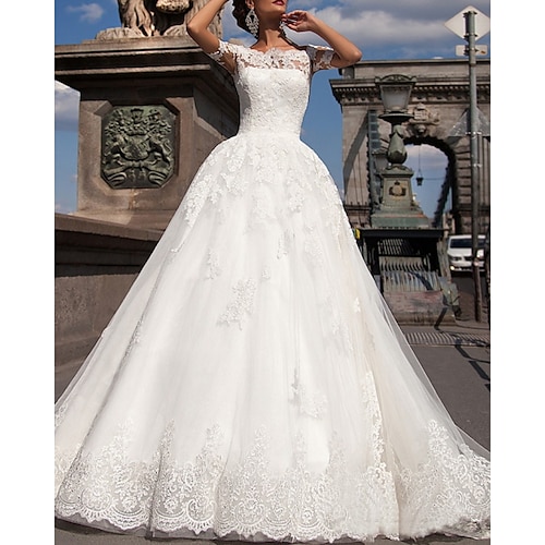 

A-Line Wedding Dresses Off Shoulder Sweep / Brush Train Lace Satin Short Sleeve Vintage Sexy Wedding Dress in Color See-Through with Pleats Embroidery 2022