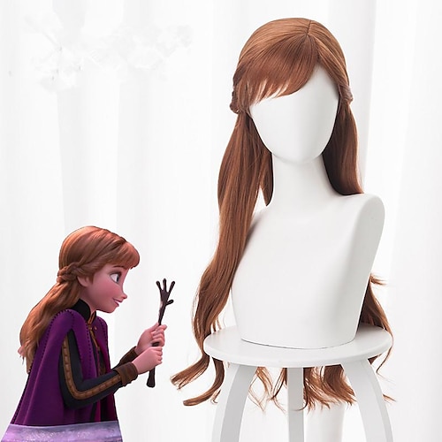 

Cosplay Wig Cosplay Wig Anna Frozen II Curly Asymmetrical With Bangs Wig Very Long Brown Synthetic Hair 28 inch Women's Anime Cosplay Brown