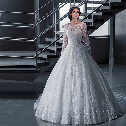 

A-Line Wedding Dresses Off Shoulder Court Train Lace Tulle Long Sleeve Formal Sexy Illusion Sleeve with Appliques 2022