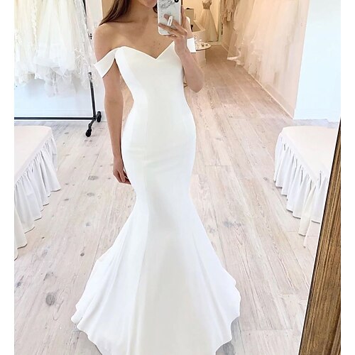 

Mermaid / Trumpet Wedding Dresses Off Shoulder Floor Length Satin Short Sleeve Sexy with 2022