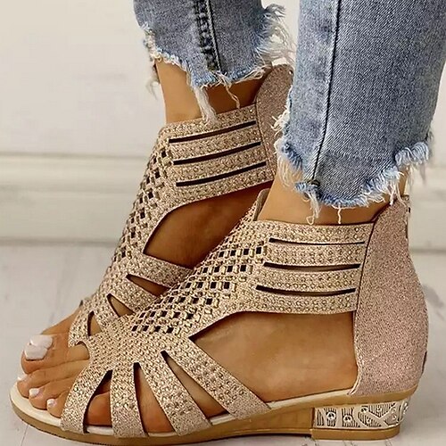 

Women's Sandals Boho Bohemia Beach Gladiator Sandals Roman Sandals Wedge Sandals Flat Heel Peep Toe Daily PU Zipper Summer Black Gold Beige