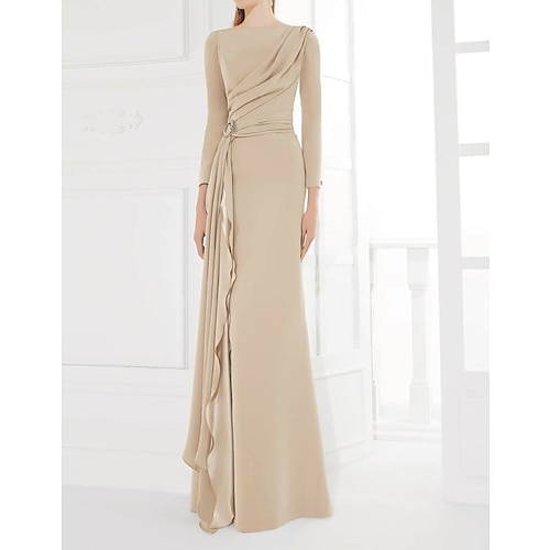 

Sheath / Column Mother of the Bride Dress Elegant Jewel Neck Floor Length Chiffon Satin 3/4 Length Sleeve with Pleats Ruching 2022