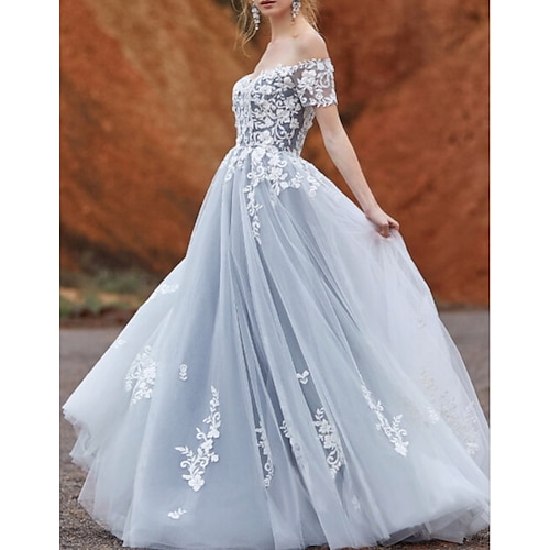 

A-Line Wedding Dresses Off Shoulder Sweep / Brush Train Lace Tulle Short Sleeve Vintage Sexy Wedding Dress in Color Backless with Pleats Embroidery Appliques 2022