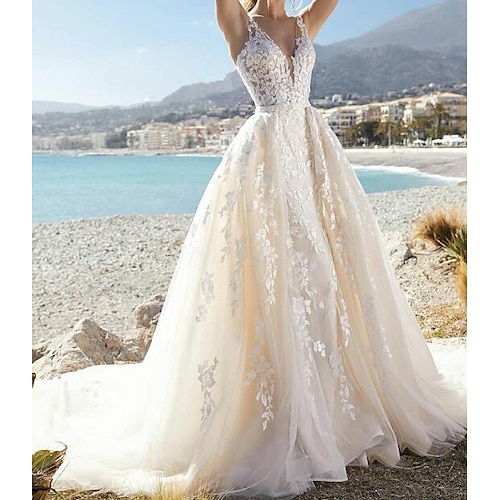 

A-Line Wedding Dresses V Neck Court Train Lace Tulle Sleeveless Formal Sexy See-Through with Embroidery Appliques 2022