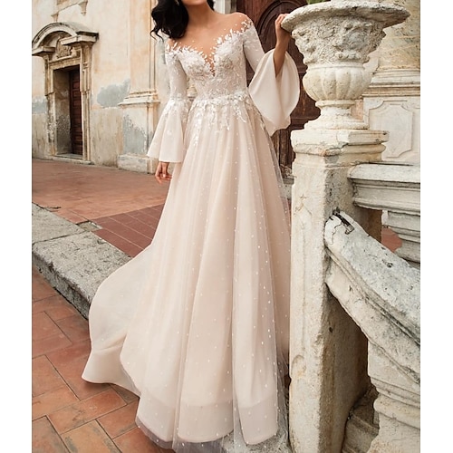 

A-Line Wedding Dresses V Neck Court Train Chiffon Lace Tulle Long Sleeve Formal with Embroidery Appliques 2022