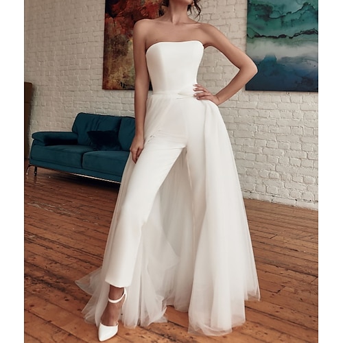 

Jumpsuits Wedding Dresses Strapless Sweep / Brush Train Detachable Tulle Stretch Satin Sleeveless Casual Modern with Split Front 2022