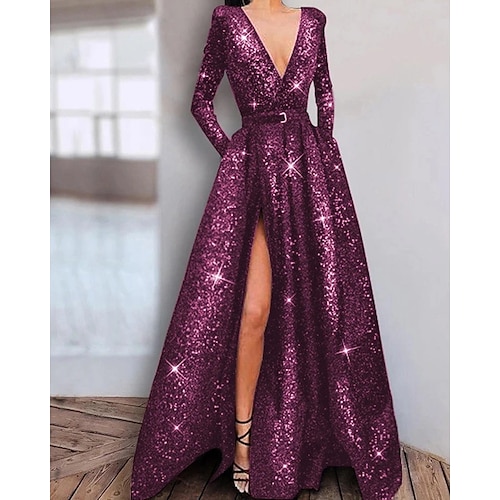 

A-Line Prom Dresses Sparkle Dress Engagement Floor Length Long Sleeve V Neck Stretch Satin with Sequin Slit 2022 / Sparkle & Shine