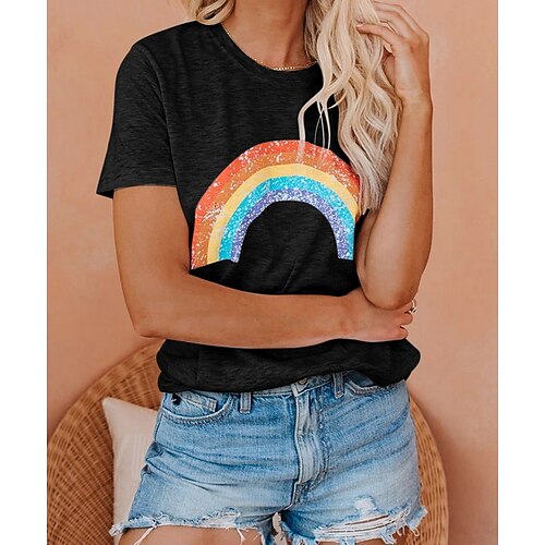 

Women's T shirt Tee Gray White Black Geometric Rainbow Short Sleeve Daily Round Neck Cotton S