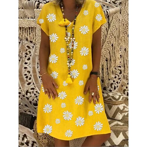 

Women's Shift Dress Midi Dress Green Black Yellow Short Sleeve Floral Print Spring Summer V Neck Hot Boom Sale Dress S M L XL XXL 3XL