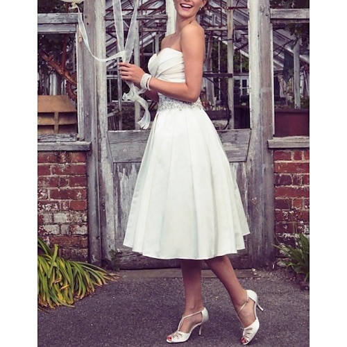 

A-Line Wedding Dresses Strapless Tea Length Taffeta Half Sleeve Sleeveless Vintage Sexy Wedding Dress in Color with Pleats Ruched Crystal Brooch 2022