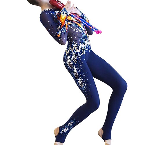 

Rhythmic Gymnastics Leotards Artistic Gymnastics Leotards Women's Girls' Leotard Spandex High Elasticity Handmade Long Sleeve Competition Dance Rhythmic Gymnastics Artistic Gymnastics Dark Blue