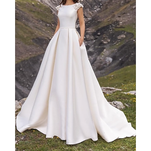 

A-Line Wedding Dresses Jewel Neck Sweep / Brush Train Satin Cap Sleeve Simple with Appliques 2022