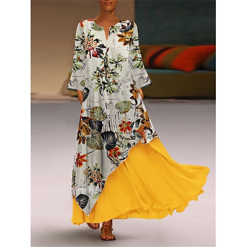 

Women's Casual Dress Swing Dress Long Dress Maxi Dress Yellow Long Sleeve V Neck Hot Winter Dress Fall Dress M L XL XXL 3XL 4XL 5XL