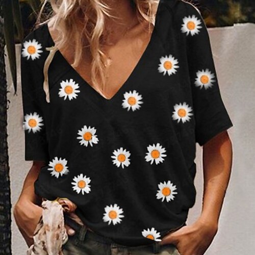 

Women's T shirt Floral Flower Printing Long Sleeve V Neck Tops Basic Top Black Blue Yellow