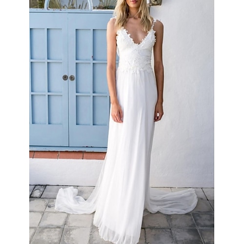 

A-Line Wedding Dresses V Neck Spaghetti Strap Sweep / Brush Train Chiffon Lace Sleeveless Vintage Sexy Wedding Dress in Color Backless with Sashes / Ribbons Pleats 2022