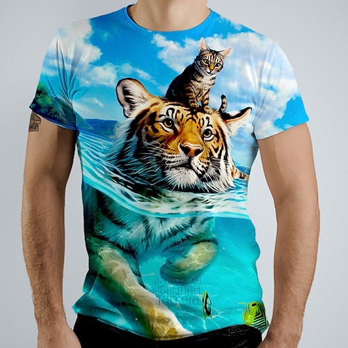 

Men's T Shirt Patterned Tiger Animal Crew Neck Short Sleeve Green White Blue Causal Daily Tops Basic Graphic Tees
