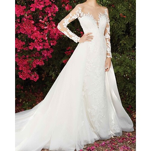 

A-Line Wedding Dresses Jewel Neck Chapel Train Lace Long Sleeve Country Wedding Dress in Color with Lace Insert Appliques 2022