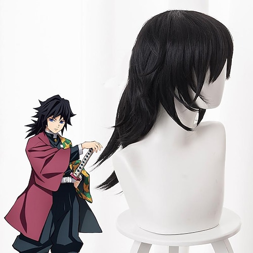  Demon Slayer: Kimetsu no Yaiba Tomioka Giyuu Cosplay Wigs Men's Layered Haircut 16 inch Heat Resistant Fiber Curly Black Teen Adults' Anime Wig Halloween Wigs