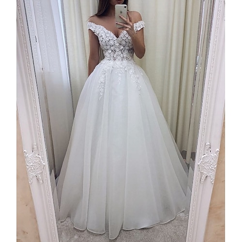 

A-Line Wedding Dresses V Wire Sweep / Brush Train Lace Tulle Short Sleeve Sexy See-Through with Embroidery 2022