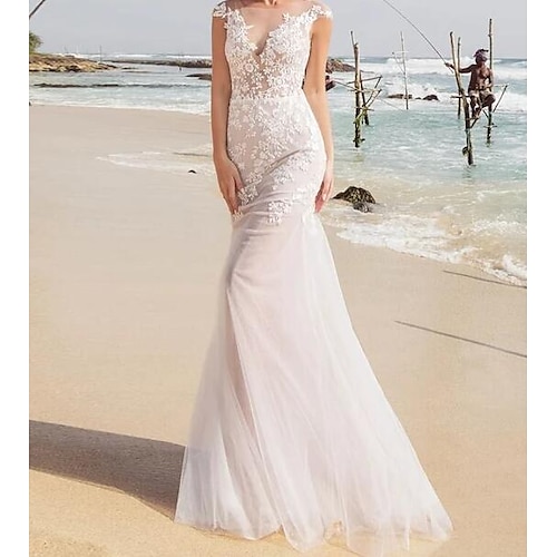 

Mermaid / Trumpet Wedding Dresses Jewel Neck Sweep / Brush Train Lace Tulle Sleeveless Sexy See-Through with Embroidery 2022