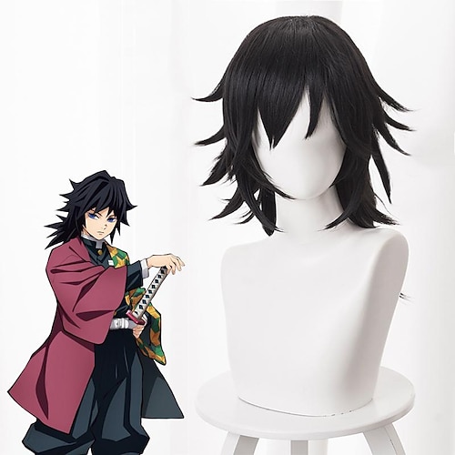  Demon Slayer: Kimetsu no Yaiba Tomioka Giyuu Cosplay Wigs Men's Layered Haircut 16 inch Heat Resistant Fiber Curly Black Teen Adults' Anime Wig Halloween Wigs