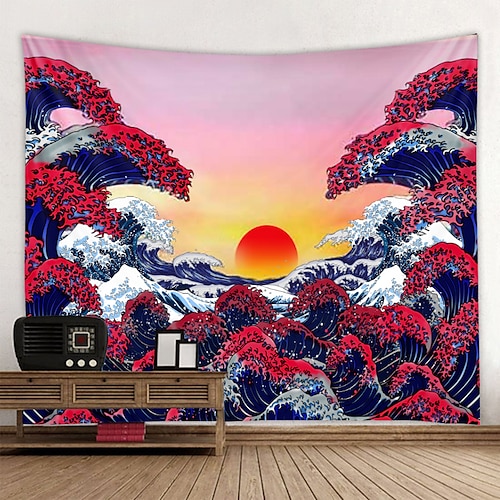 

Kanagawa Wave Ukiyo-e Wall Tapestry Art Decor Blanket Curtain Hanging Home Bedroom Living Room Decoration Japanese Painting Style Sunrise Sunset Landscape