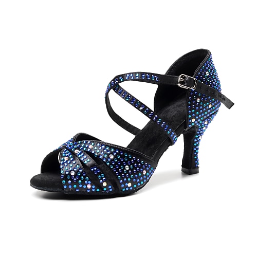 

Women's Latin Shoes Party Training Performance Glitter Crystal Sequined Jeweled Heel Crystal / Rhinestone Flared Heel Buckle Cross Strap Black / Blue / Silk