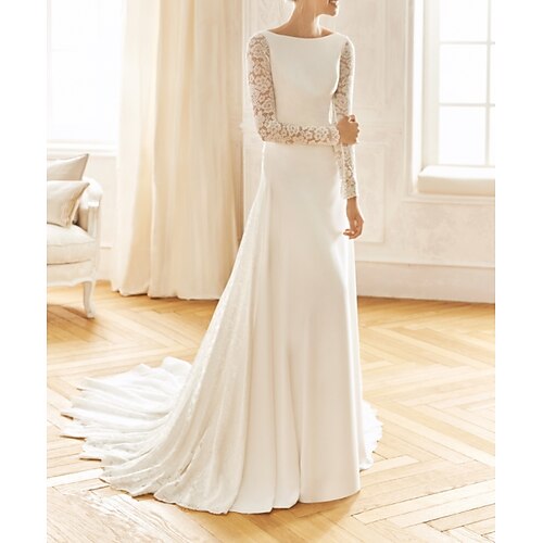 

Mermaid / Trumpet Wedding Dresses Jewel Neck Sweep / Brush Train Lace Satin Long Sleeve Vintage Sexy Wedding Dress in Color See-Through Backless with Embroidery 2022