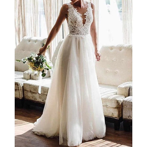 

A-Line Wedding Dresses V Neck Sweep / Brush Train Lace Tulle Sleeveless Beach Sexy Backless with Embroidery Appliques 2022