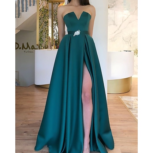 

A-Line Evening Dresses Elegant Dress Engagement Floor Length Sleeveless Strapless Satin with Sash / Ribbon Pleats Slit 2022 / Formal Evening