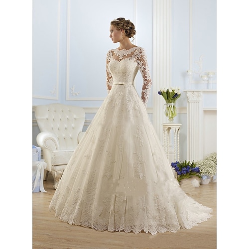 

A-Line Wedding Dresses Jewel Neck Court Train Lace Tulle Long Sleeve Formal Sexy with Appliques 2022