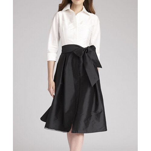 

A-Line Mother of the Bride Dress Elegant Queen Anne Knee Length Satin 3/4 Length Sleeve with Bow(s) Split Front 2022