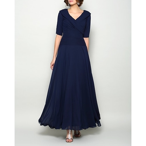

A-Line Mother of the Bride Dress Elegant V Neck Ankle Length Chiffon Short Sleeve with Pleats Ruching 2022