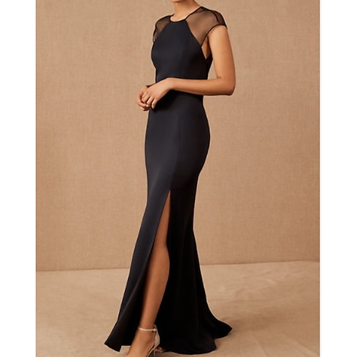 

Mermaid / Trumpet Minimalist Elegant Party Wear Formal Evening Dress Jewel Neck Short Sleeve Sweep / Brush Train Spandex with Slit 2022