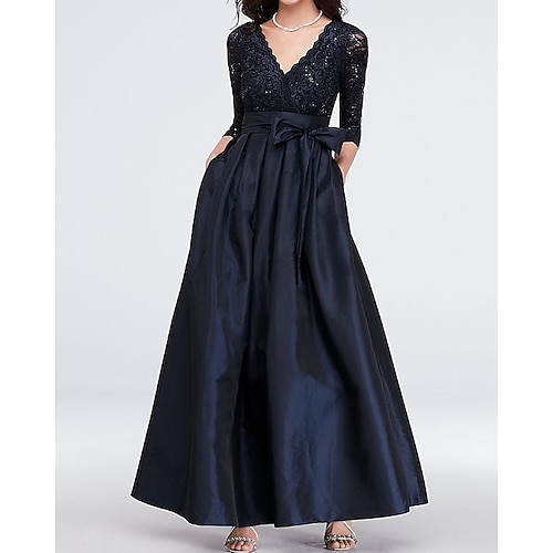 

A-Line Mother of the Bride Dress Elegant V Neck Floor Length Satin Lace 3/4 Length Sleeve with Sash / Ribbon Pleats 2022