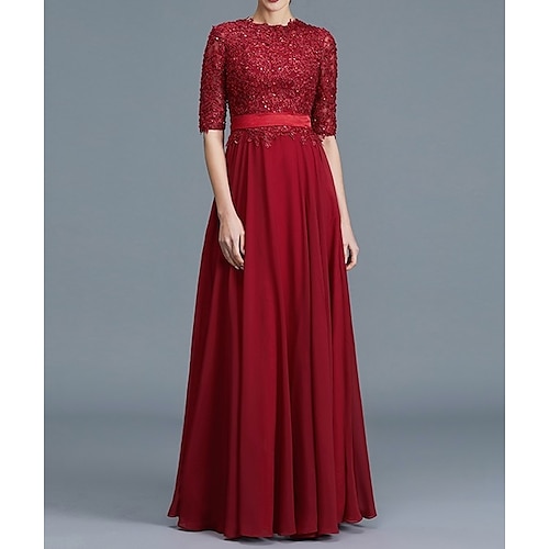 

A-Line Mother of the Bride Dress Elegant Jewel Neck Floor Length Chiffon Lace Half Sleeve with Pleats Appliques 2022