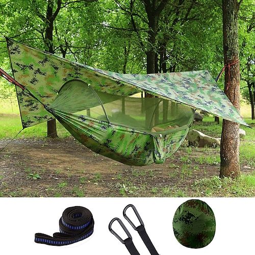 

Double Hammock Camping Hammock with Pop Up Mosquito Net Hammock Rain Fly Outdoor Waterproof Sunscreen Anti-Mosquito Heavy Duty Parachute Nylon with Carabiners and Tree Straps for 2 person Camping