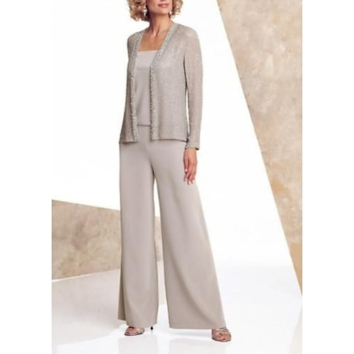 

Pantsuit Mother of the Bride Dress Elegant Square Neck Floor Length Chiffon Long Sleeve with Beading 2022