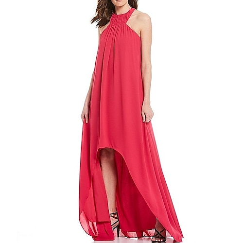 

A-Line Mother of the Bride Dress Elegant Halter Neck Asymmetrical Chiffon Sleeveless with Pleats 2022