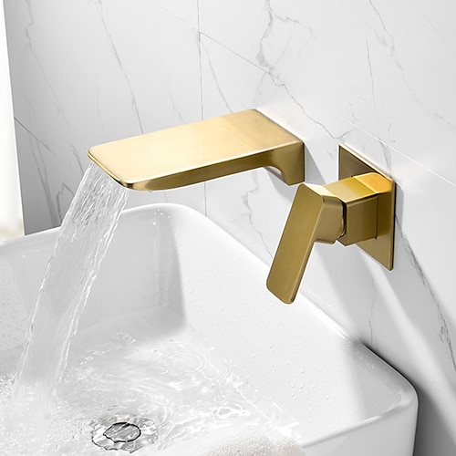 

Bathroom Sink Faucet - Wall Mounted Brushed Gold Finish Basin Mixer Tap Waterfall Single Handle Washroom Faucet Luxury